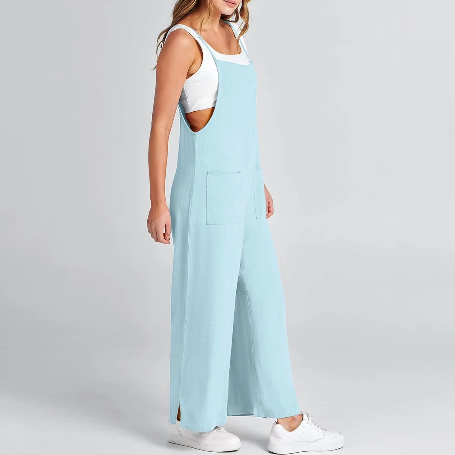Rompers for Women Wide Leg Linen Jumpsuits Casual Loose Bib Overalls 2024 Summer Vacation Outfits with Pockets