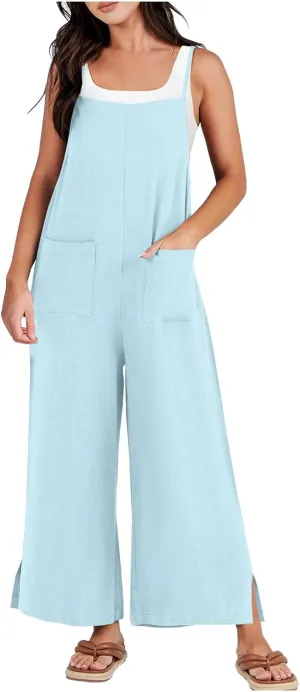 Rompers for Women Wide Leg Linen Jumpsuits Casual Loose Bib Overalls 2024 Summer Vacation Outfits with Pockets