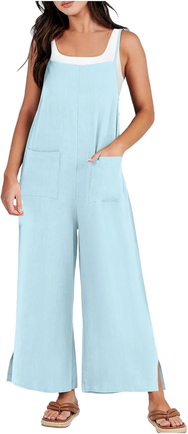 Rompers for Women Wide Leg Linen Jumpsuits Casual Loose Bib Overalls 2024 Summer Vacation Outfits with Pockets