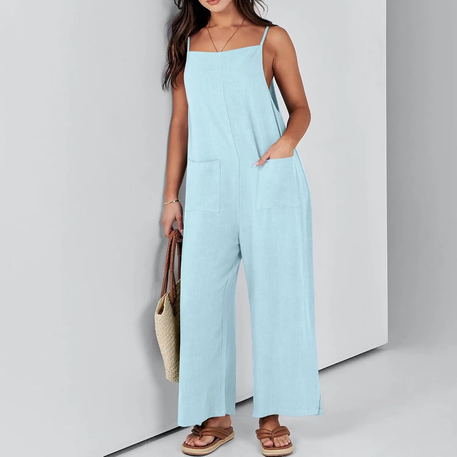Rompers for Women Wide Leg Linen Jumpsuits Casual Loose Bib Overalls 2024 Summer Vacation Outfits with Pockets