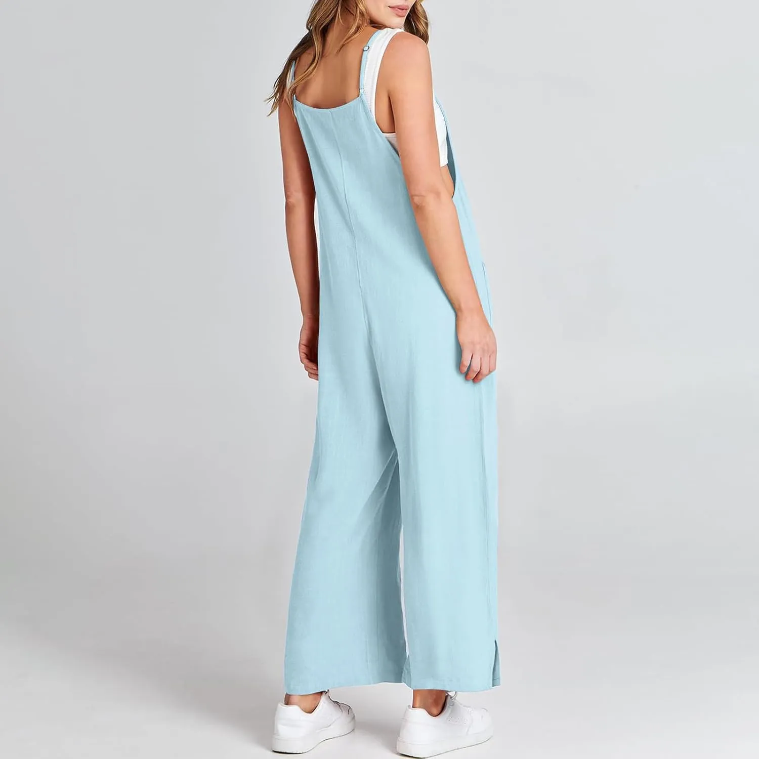 Rompers for Women Wide Leg Linen Jumpsuits Casual Loose Bib Overalls 2024 Summer Vacation Outfits with Pockets