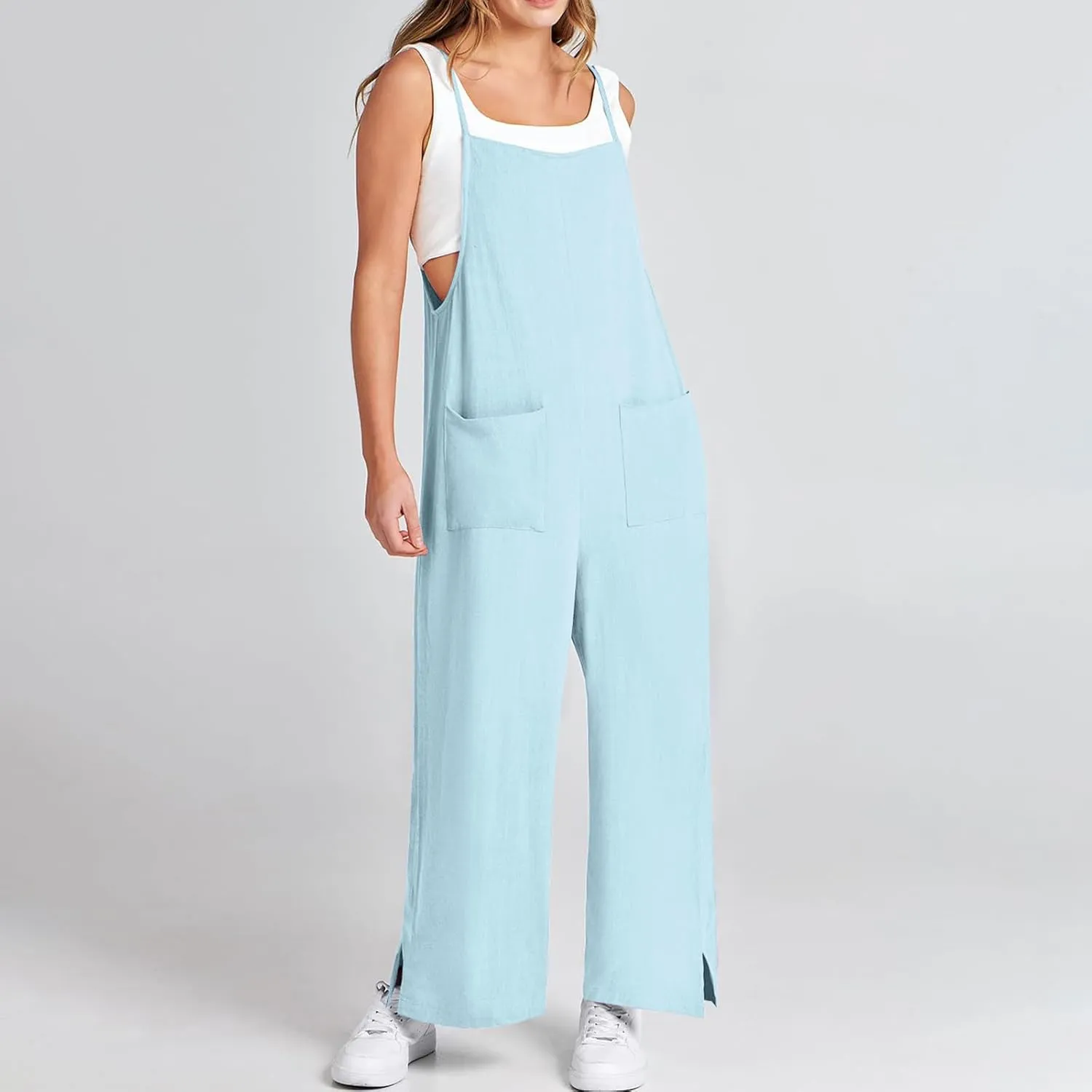 Rompers for Women Wide Leg Linen Jumpsuits Casual Loose Bib Overalls 2024 Summer Vacation Outfits with Pockets