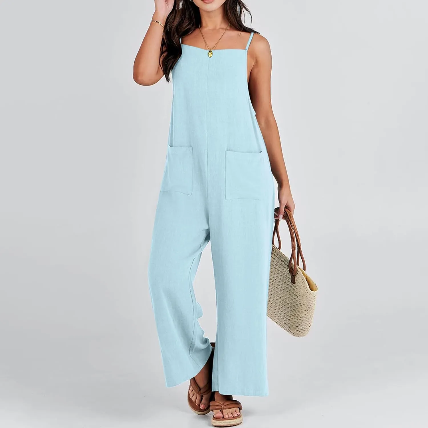 Rompers for Women Wide Leg Linen Jumpsuits Casual Loose Bib Overalls 2024 Summer Vacation Outfits with Pockets