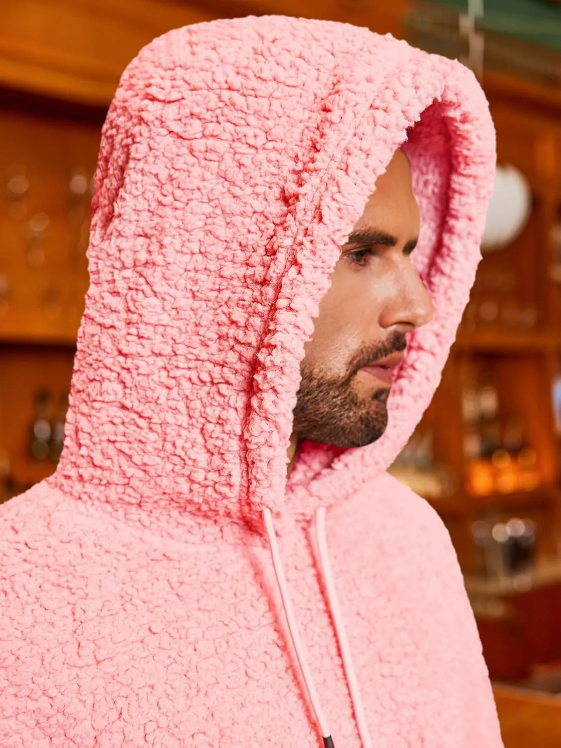 Runcati Mens Fuzzy Sherpa Hoodies Fleece Casual Pullover Long Sleeve Winter Fluffy Sweatshirts