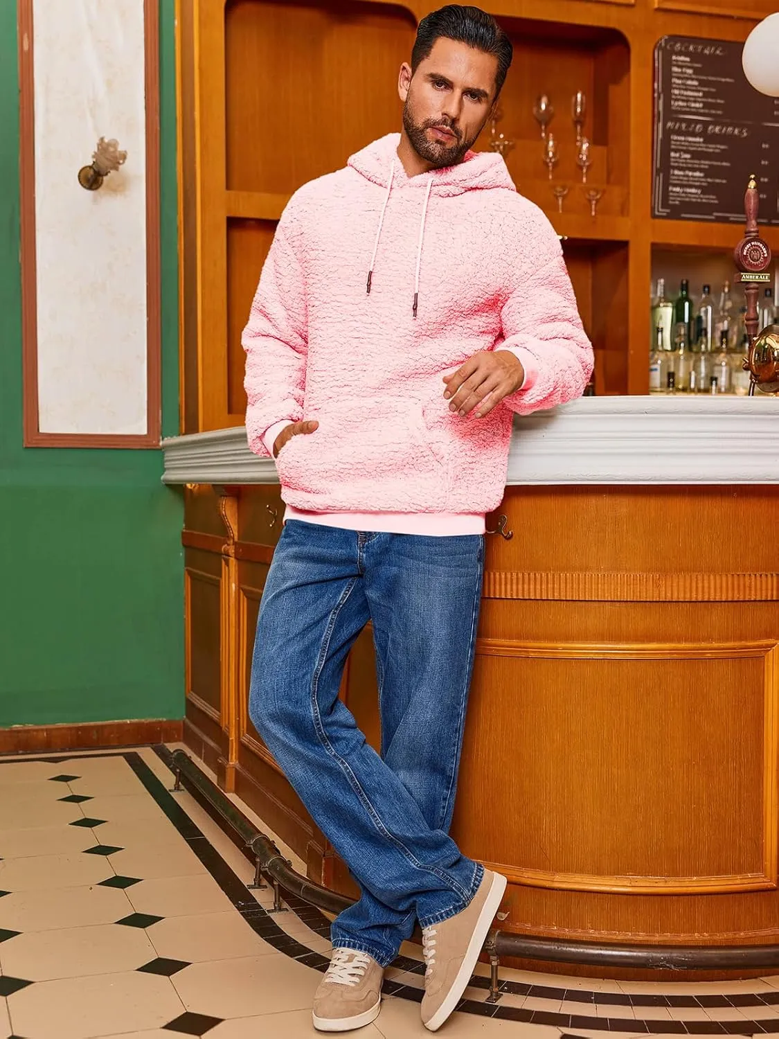 Runcati Mens Fuzzy Sherpa Hoodies Fleece Casual Pullover Long Sleeve Winter Fluffy Sweatshirts