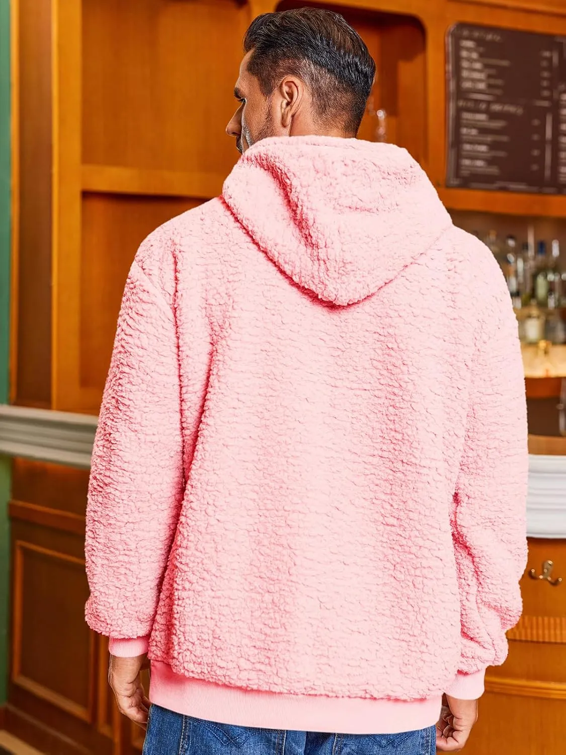Runcati Mens Fuzzy Sherpa Hoodies Fleece Casual Pullover Long Sleeve Winter Fluffy Sweatshirts