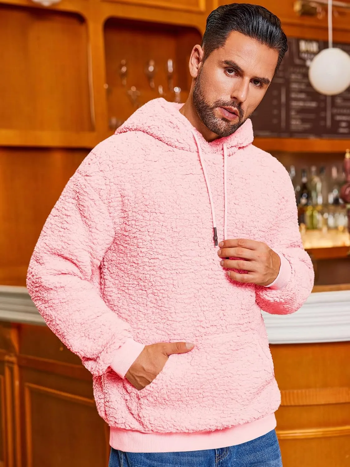 Runcati Mens Fuzzy Sherpa Hoodies Fleece Casual Pullover Long Sleeve Winter Fluffy Sweatshirts
