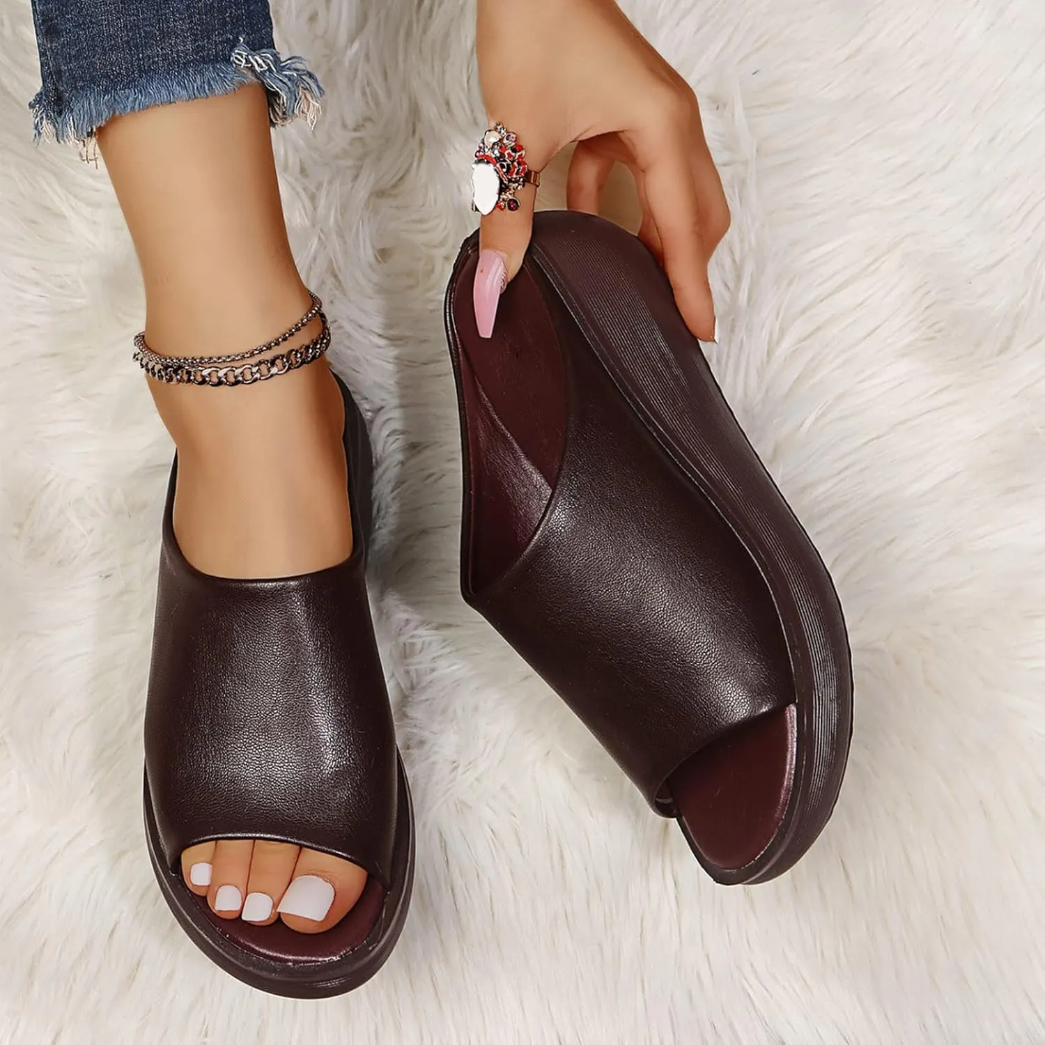 Sandals Women Comfortable Wedge Orthopedic Summer Leather Slides Dressy Platform Heel Arch Support Slip Sandals