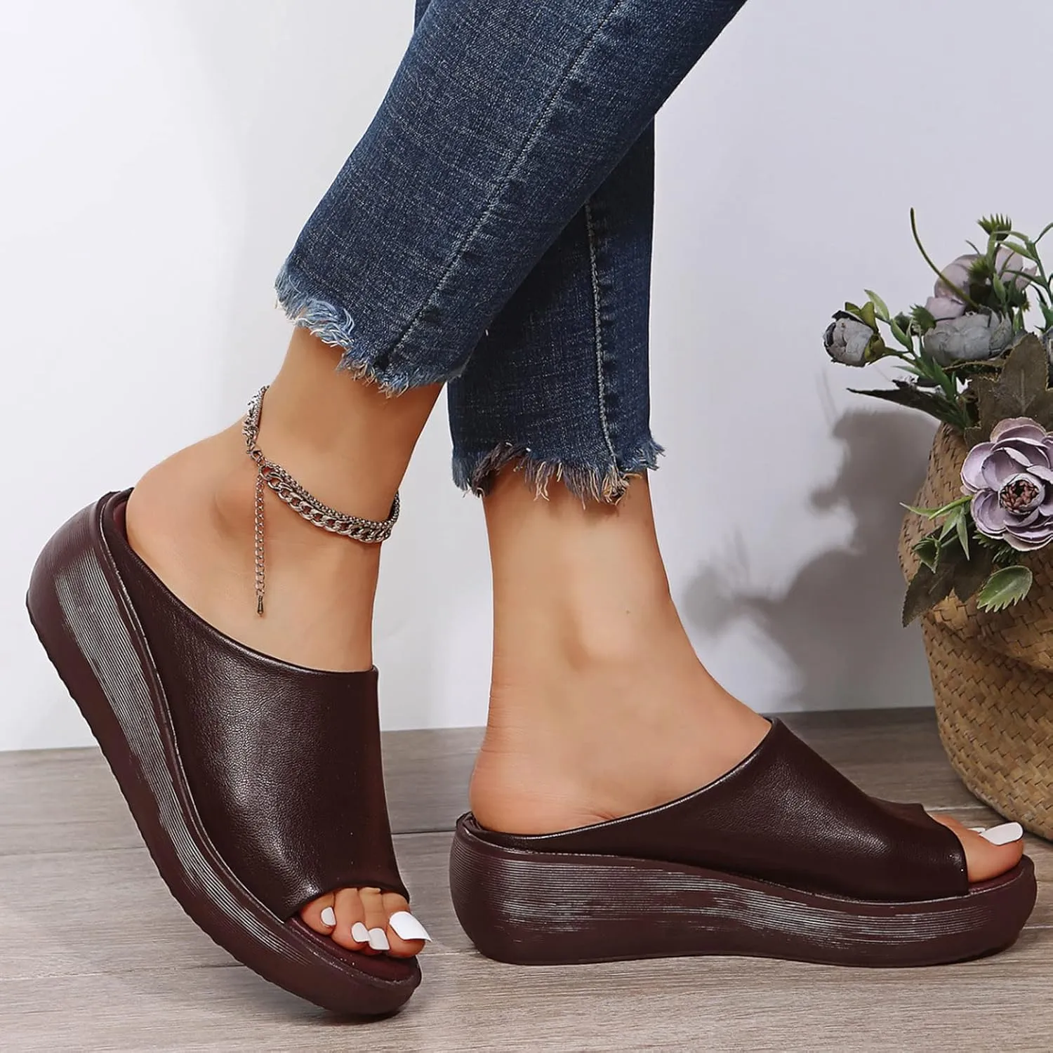 Sandals Women Comfortable Wedge Orthopedic Summer Leather Slides Dressy Platform Heel Arch Support Slip Sandals