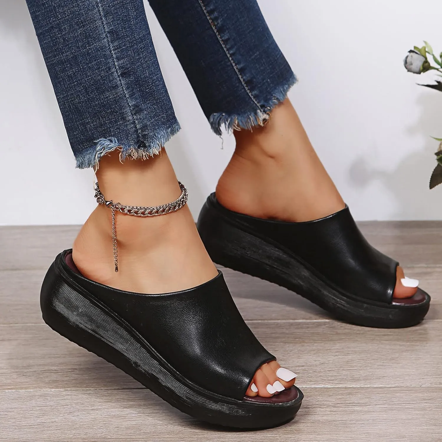Sandals Women Comfortable Wedge Orthopedic Summer Leather Slides Dressy Platform Heel Arch Support Slip Sandals