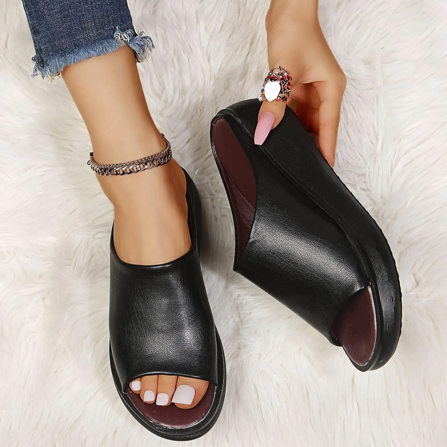 Sandals Women Comfortable Wedge Orthopedic Summer Leather Slides Dressy Platform Heel Arch Support Slip Sandals