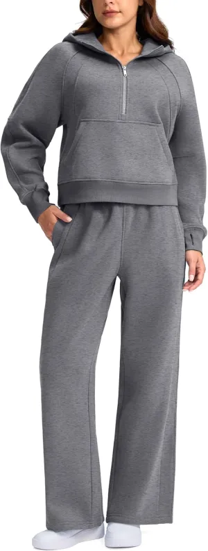 SANTINY Womens Sweatsuits 2 piece Set Fleece Lined Hoodies Crop Sweatshirt Winter Lounge Sets Wide Leg Sweatpants