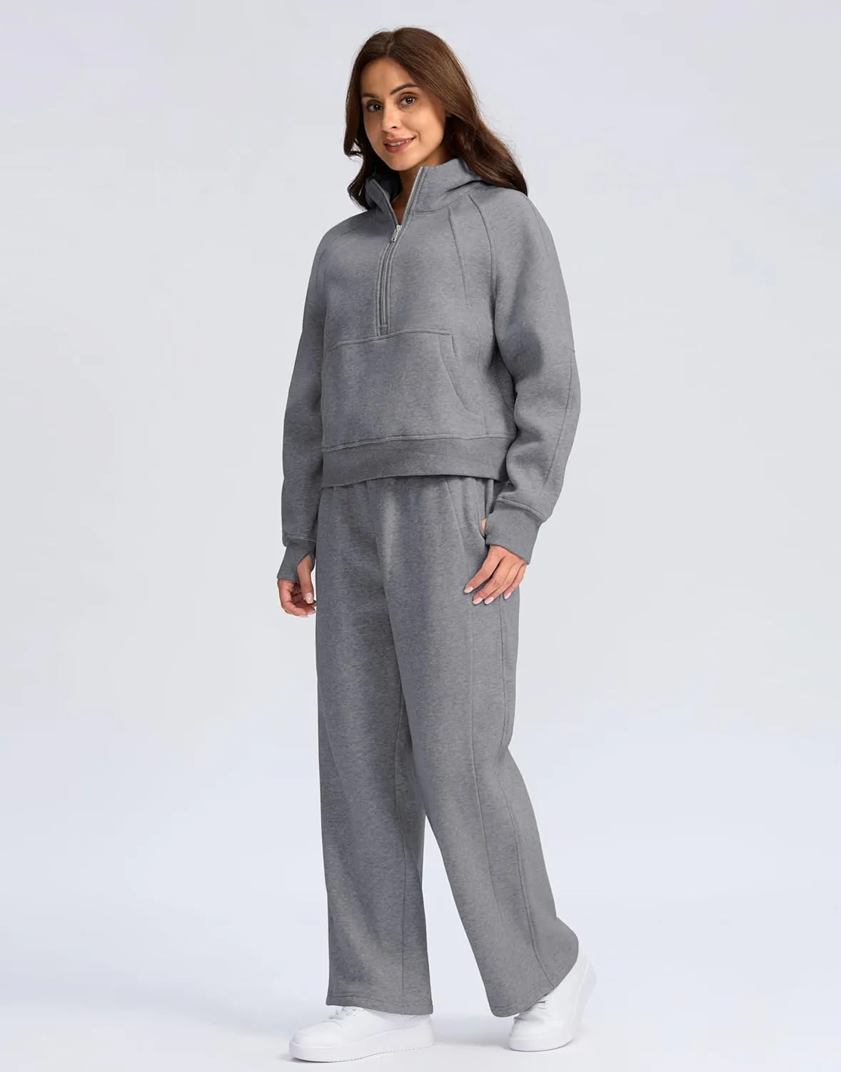 SANTINY Womens Sweatsuits 2 piece Set Fleece Lined Hoodies Crop Sweatshirt Winter Lounge Sets Wide Leg Sweatpants