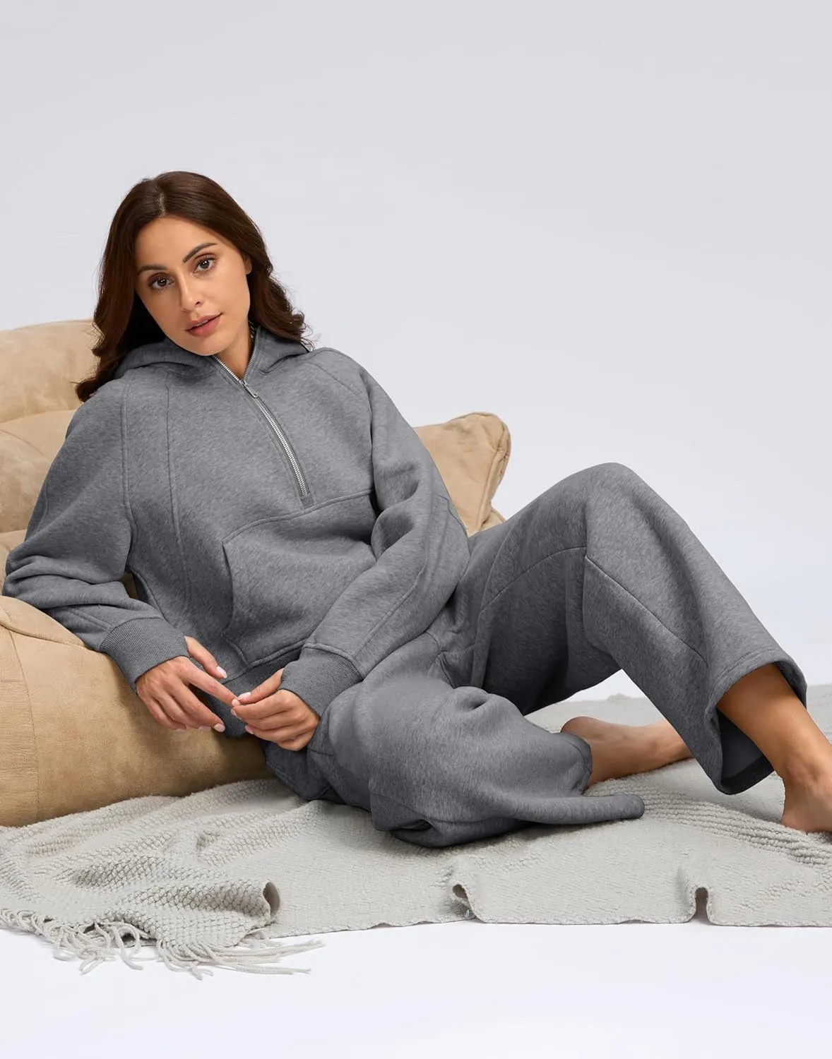 SANTINY Womens Sweatsuits 2 piece Set Fleece Lined Hoodies Crop Sweatshirt Winter Lounge Sets Wide Leg Sweatpants