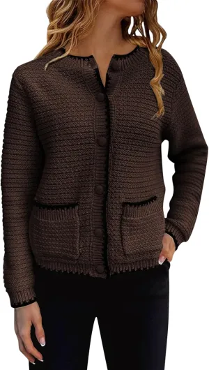 Saodimallsu Womens Button Down Cardigan Sweaters Long Sleeve Open Front Cropped Knit Jacket Coats with Pockets