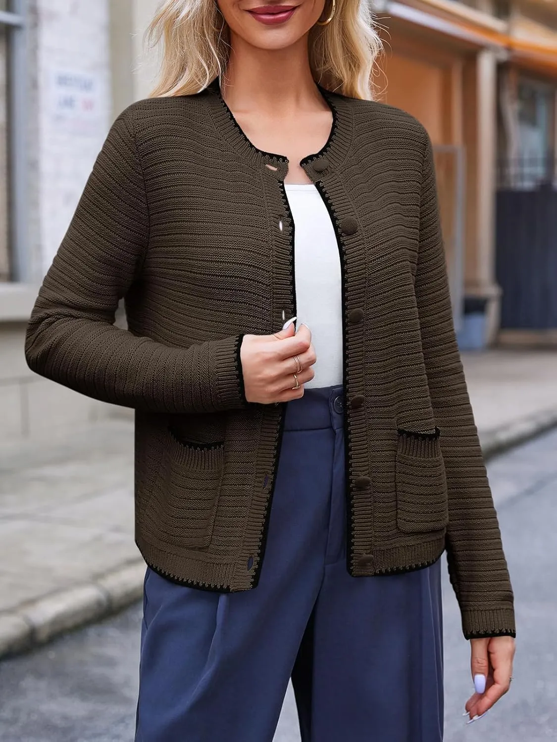 Saodimallsu Womens Button Down Cardigan Sweaters Long Sleeve Open Front Cropped Knit Jacket Coats with Pockets
