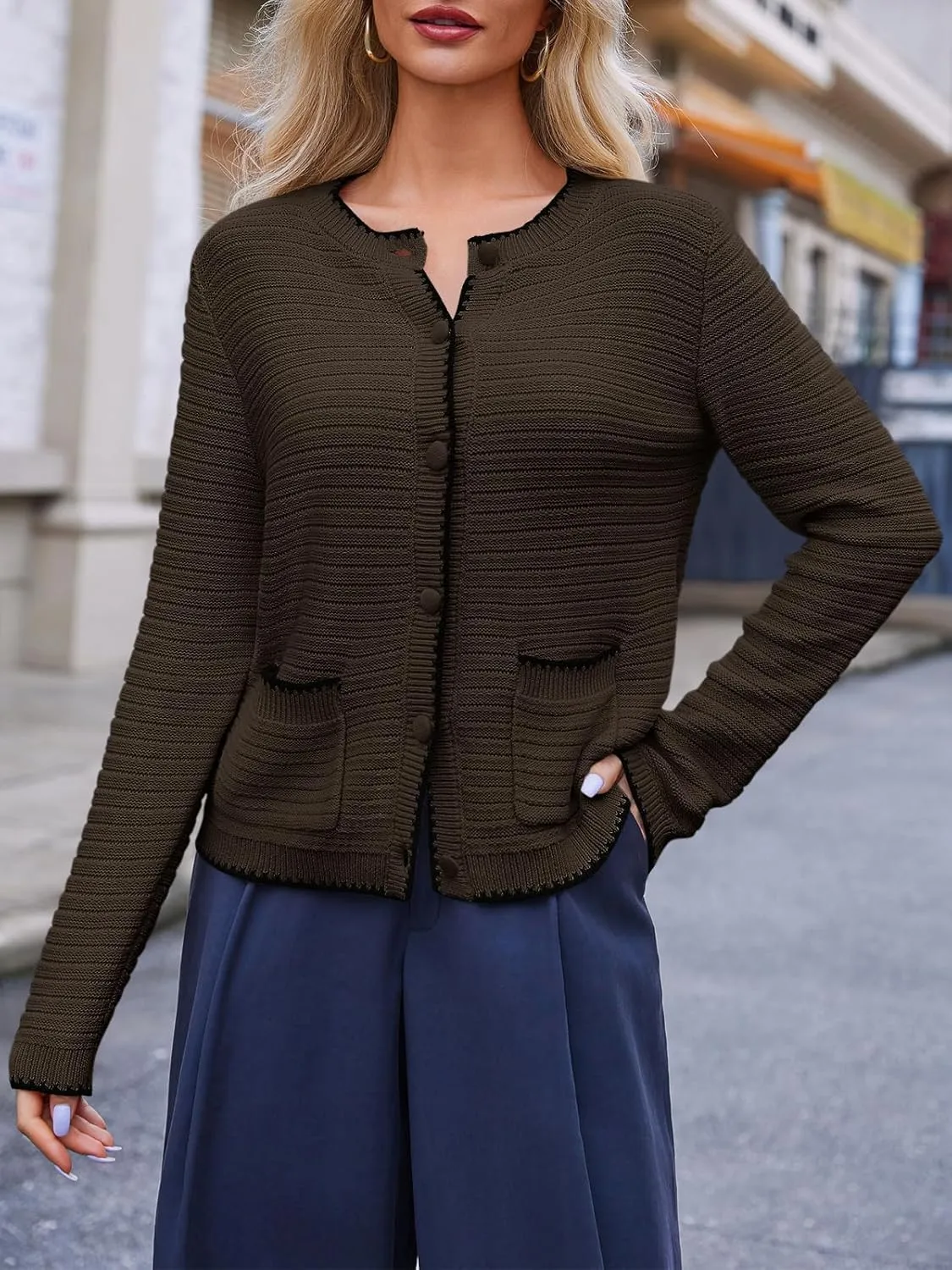 Saodimallsu Womens Button Down Cardigan Sweaters Long Sleeve Open Front Cropped Knit Jacket Coats with Pockets