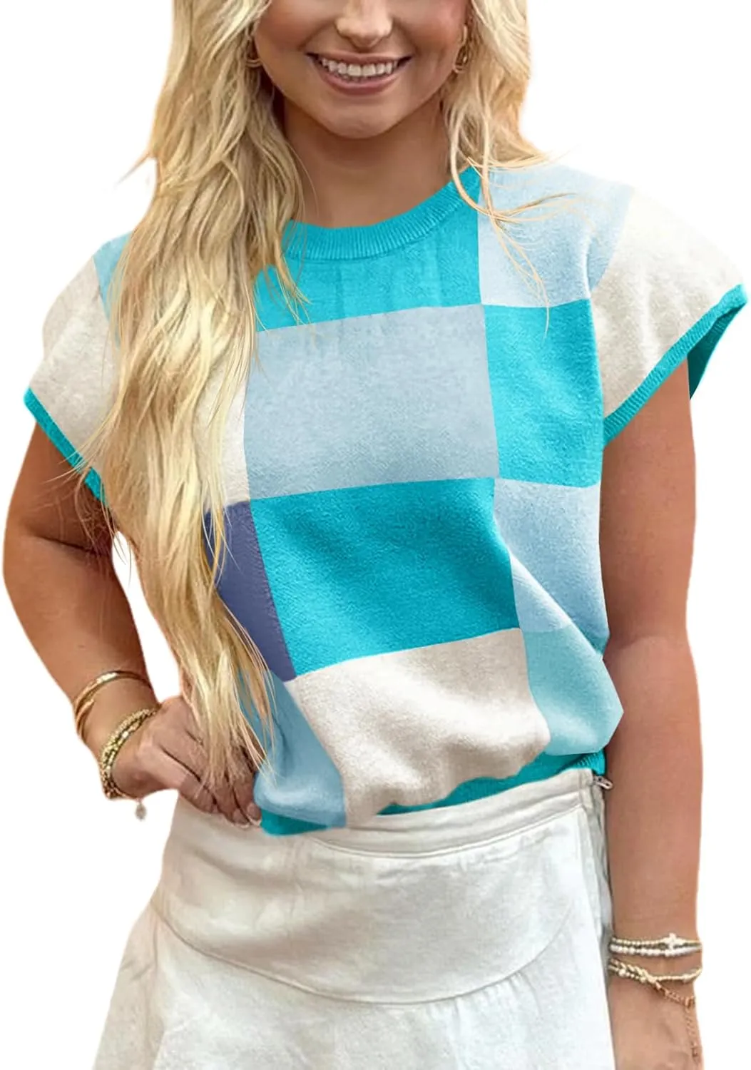 Saodimallsu Womens Short Sleeve Sweater Top Summer Color Block Lightweight Knit Crewneck Going Out Pullover Tops