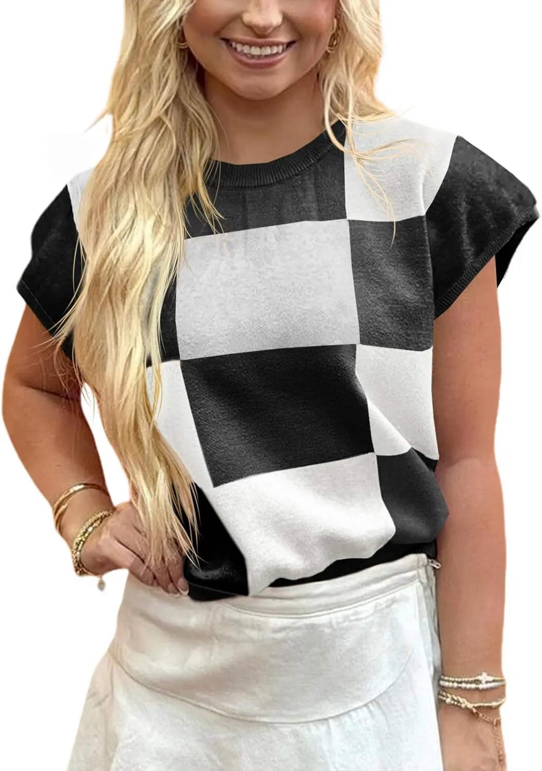 Saodimallsu Womens Short Sleeve Sweater Top Summer Color Block Lightweight Knit Crewneck Going Out Pullover Tops