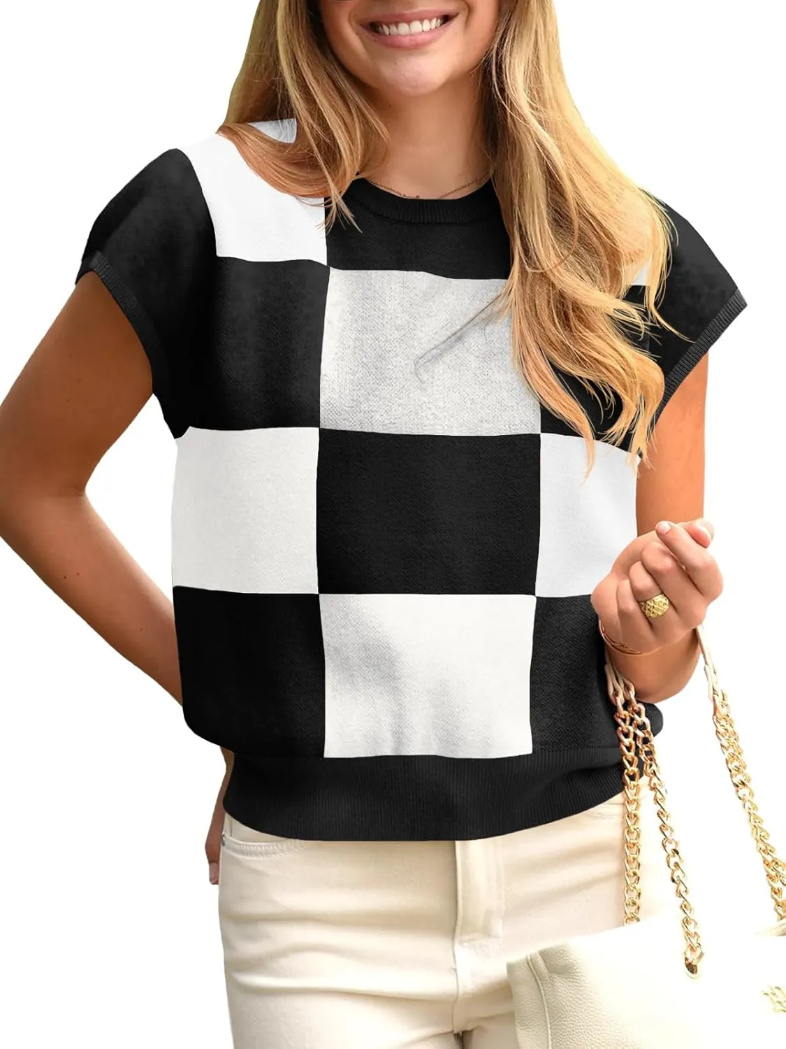 Saodimallsu Womens Short Sleeve Sweater Top Summer Color Block Lightweight Knit Crewneck Going Out Pullover Tops