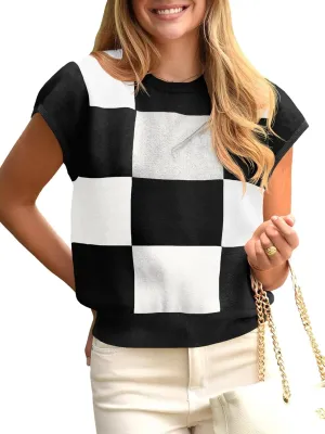Saodimallsu Womens Short Sleeve Sweater Top Summer Color Block Lightweight Knit Crewneck Going Out Pullover Tops
