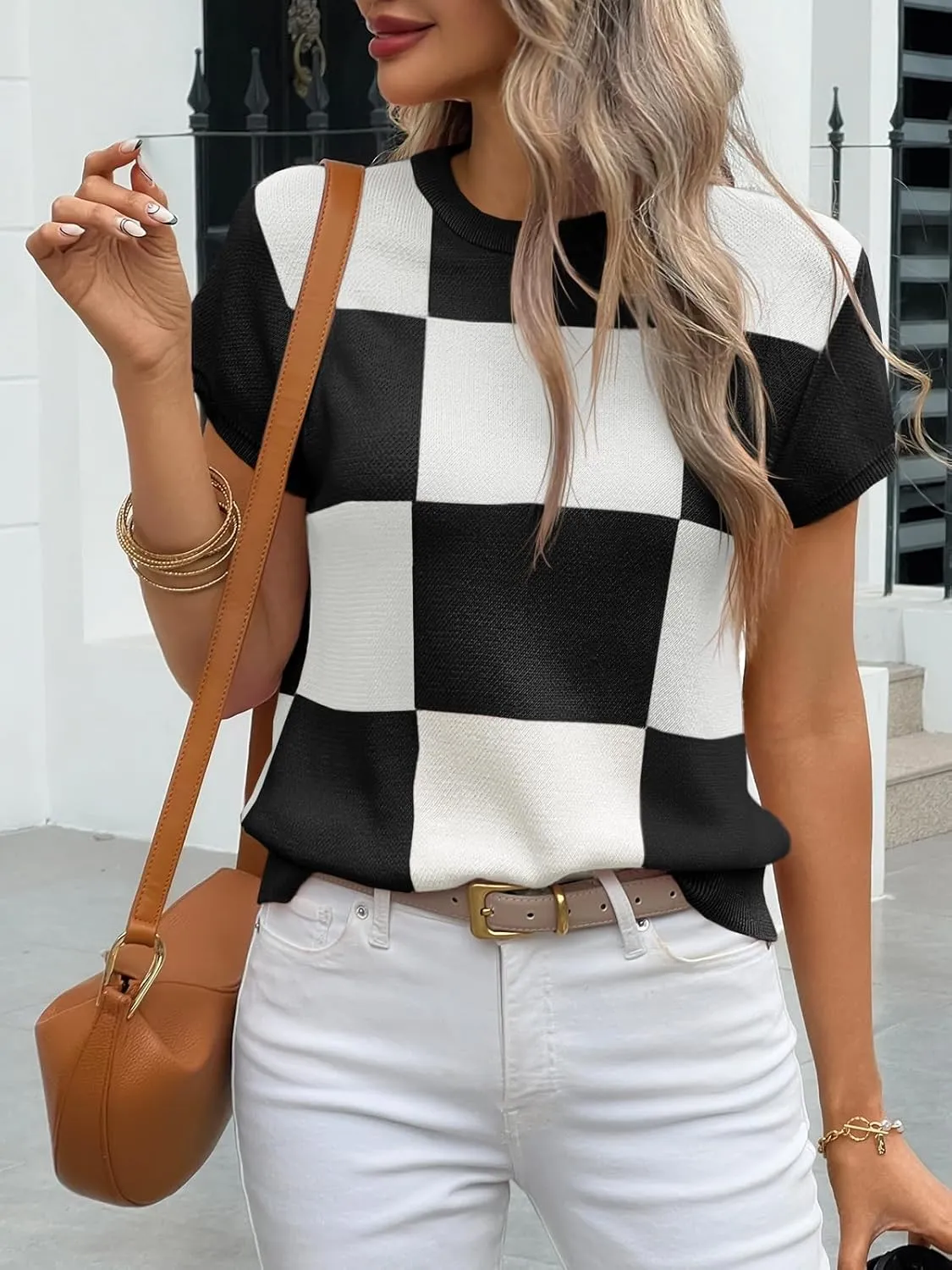 Saodimallsu Womens Short Sleeve Sweater Top Summer Color Block Lightweight Knit Crewneck Going Out Pullover Tops