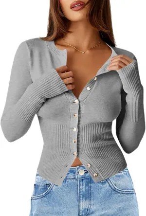 Saodimallsu Womens Slim Fit Cardigan Sweaters Sexy Button Crew Neck Fall Trendy Knit Long Sleeve Soft Open Front Tops
