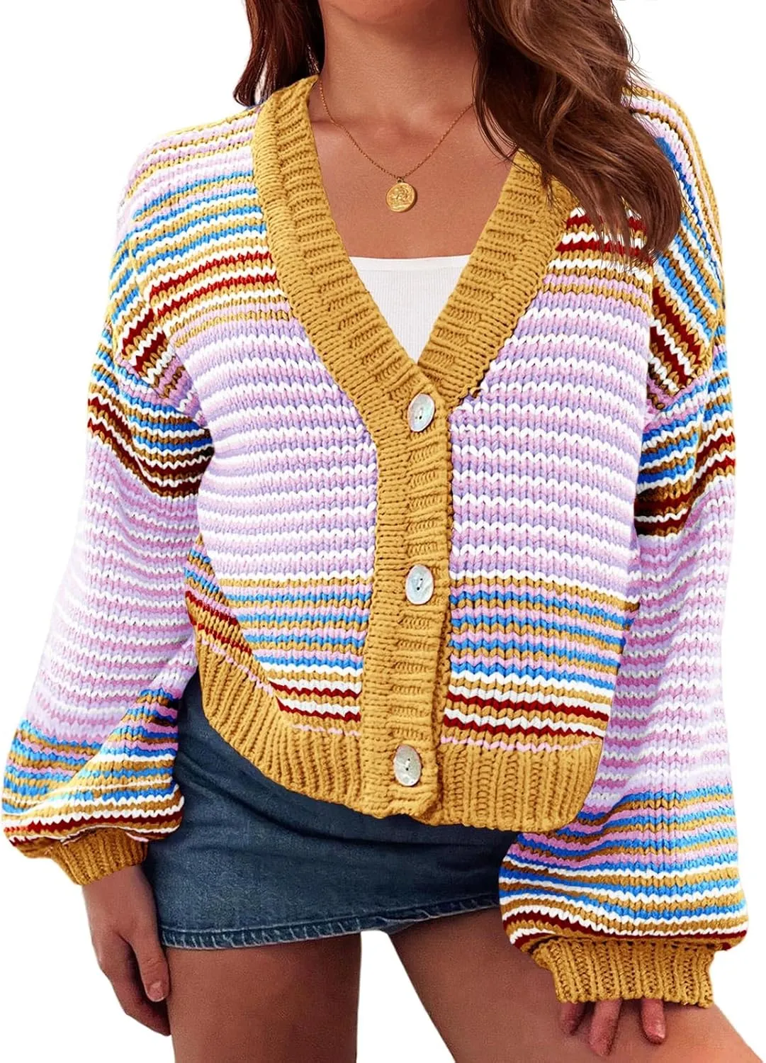 Saodimallsu Womens Striped Cardigan Sweaters Oversized Puff Sleeve Button Up V Neck Color Block Knit Sweater Coat