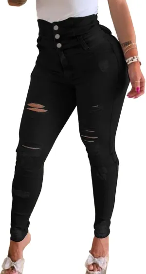 Sexyshine Women's Ripped Skinny Jeans Curvy High Waist Tummy Control Distressed Stretch Fit Long Pencil Denim Pants