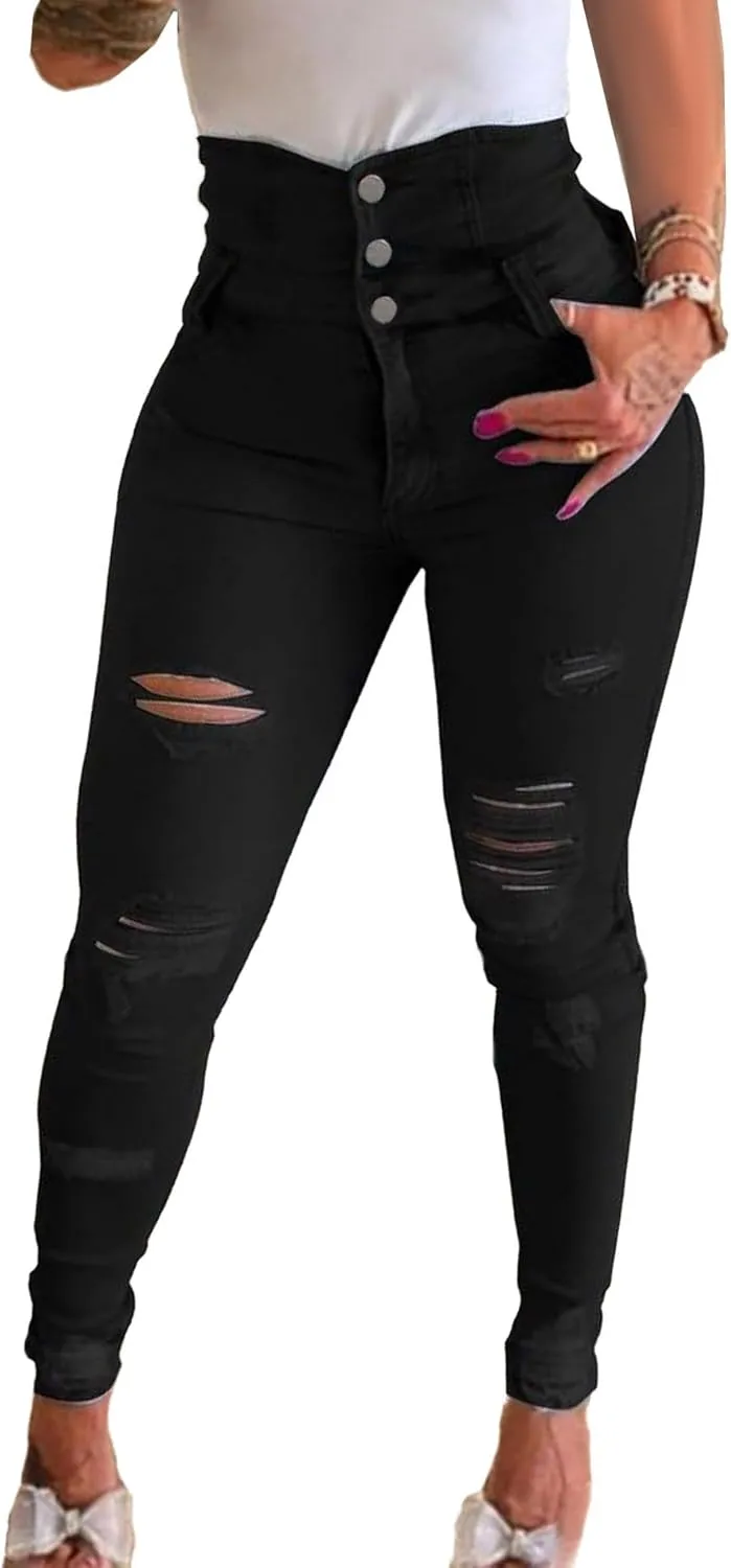 Sexyshine Women's Ripped Skinny Jeans Curvy High Waist Tummy Control Distressed Stretch Fit Long Pencil Denim Pants