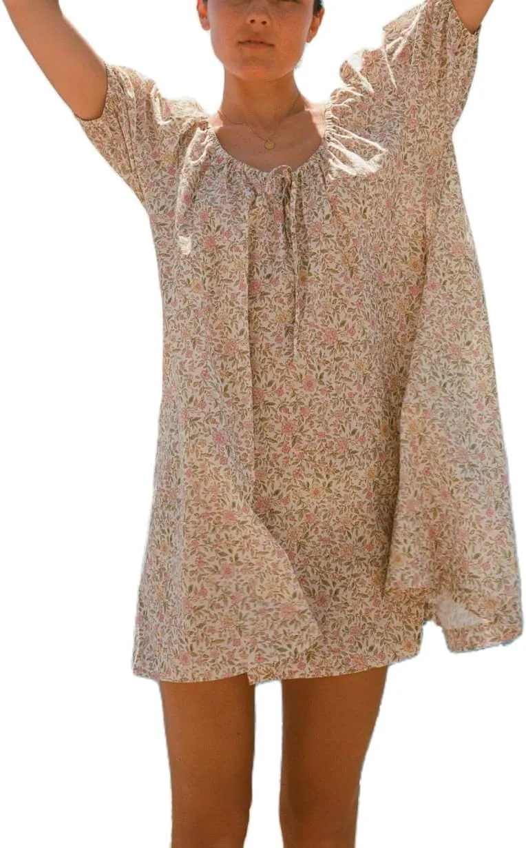 Seyurigaoka Women Short Puff Sleeve Mini Dress Y2k Gingham Babydoll Short Dress Loose Flowy Swing Shift Mini Dress