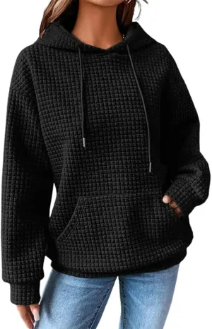 SHEWIN Womens Hoodies Casual Long Sleeve Drawstring Waffle Pullover Tops Loose Hooded Sweatshirt with Pocket