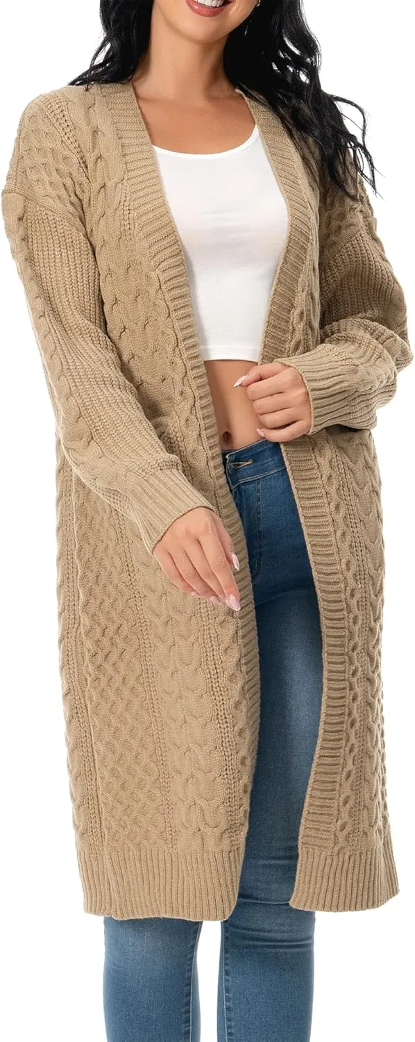 Shineflow Womens Long Sleeve Casual Cable Knit Long Cardigan Knee Length Open Front Sweater Outerwear with Pockets
