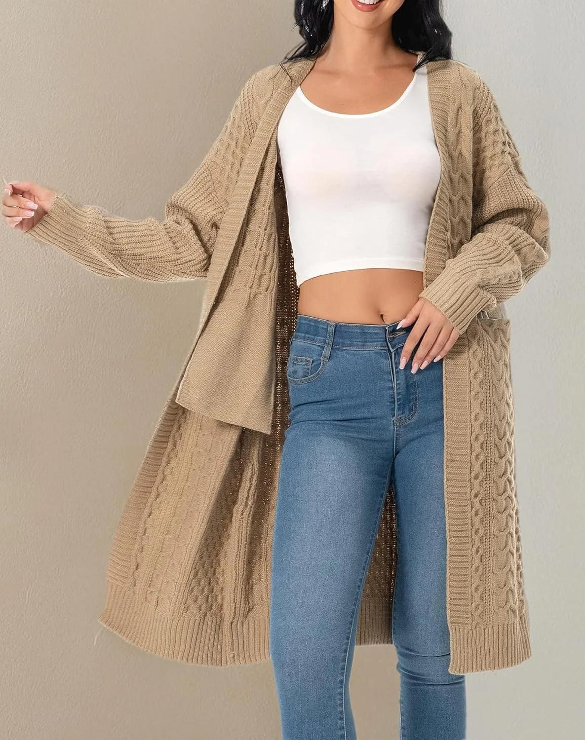Shineflow Womens Long Sleeve Casual Cable Knit Long Cardigan Knee Length Open Front Sweater Outerwear with Pockets
