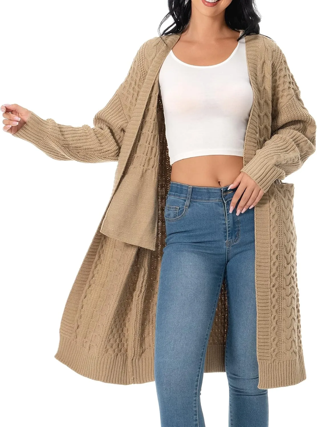 Shineflow Womens Long Sleeve Casual Cable Knit Long Cardigan Knee Length Open Front Sweater Outerwear with Pockets