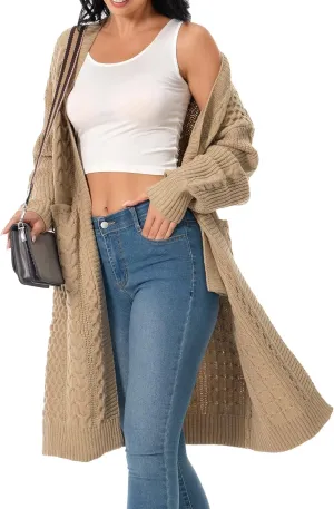 Shineflow Womens Long Sleeve Casual Cable Knit Long Cardigan Knee Length Open Front Sweater Outerwear with Pockets