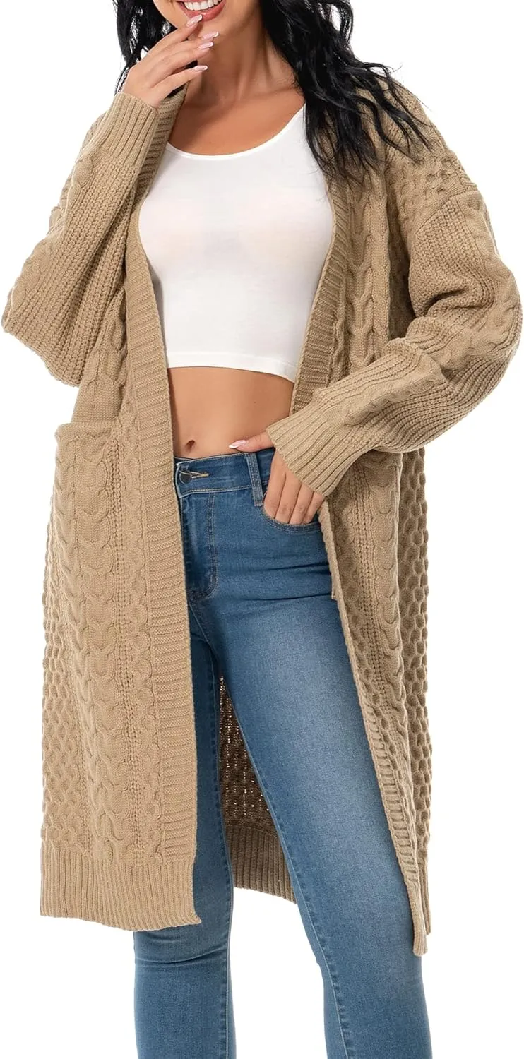 Shineflow Womens Long Sleeve Casual Cable Knit Long Cardigan Knee Length Open Front Sweater Outerwear with Pockets