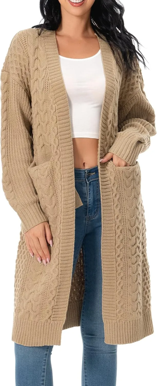 Shineflow Womens Long Sleeve Casual Cable Knit Long Cardigan Knee Length Open Front Sweater Outerwear with Pockets