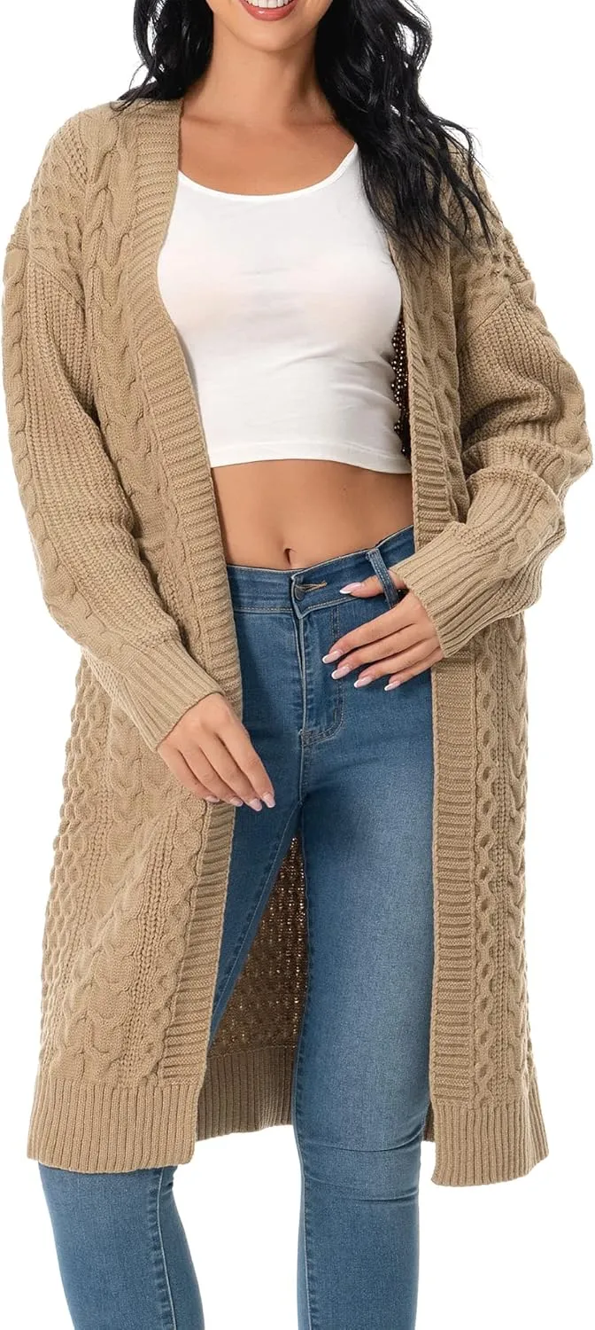 Shineflow Womens Long Sleeve Casual Cable Knit Long Cardigan Knee Length Open Front Sweater Outerwear with Pockets