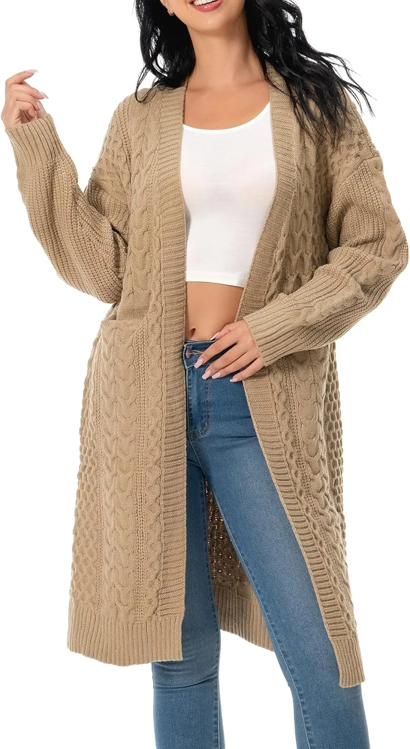 Shineflow Womens Long Sleeve Casual Cable Knit Long Cardigan Knee Length Open Front Sweater Outerwear with Pockets