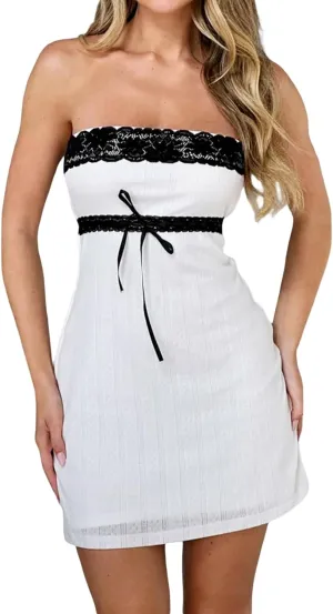 SOLILOQUY Y2k Fairy Strapless Mini Dress for Women Retro Bandeau Tube Top Bodycon Party Dress Evening Cocktail Short Dress