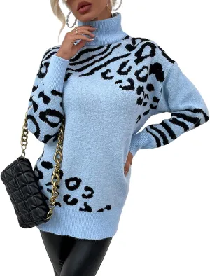 SOMTHRON Women's Turtleneck Leopard Print Sweater Oversized Chunky Knitted Jumper Pullover Tops Casual Sweatshirts
