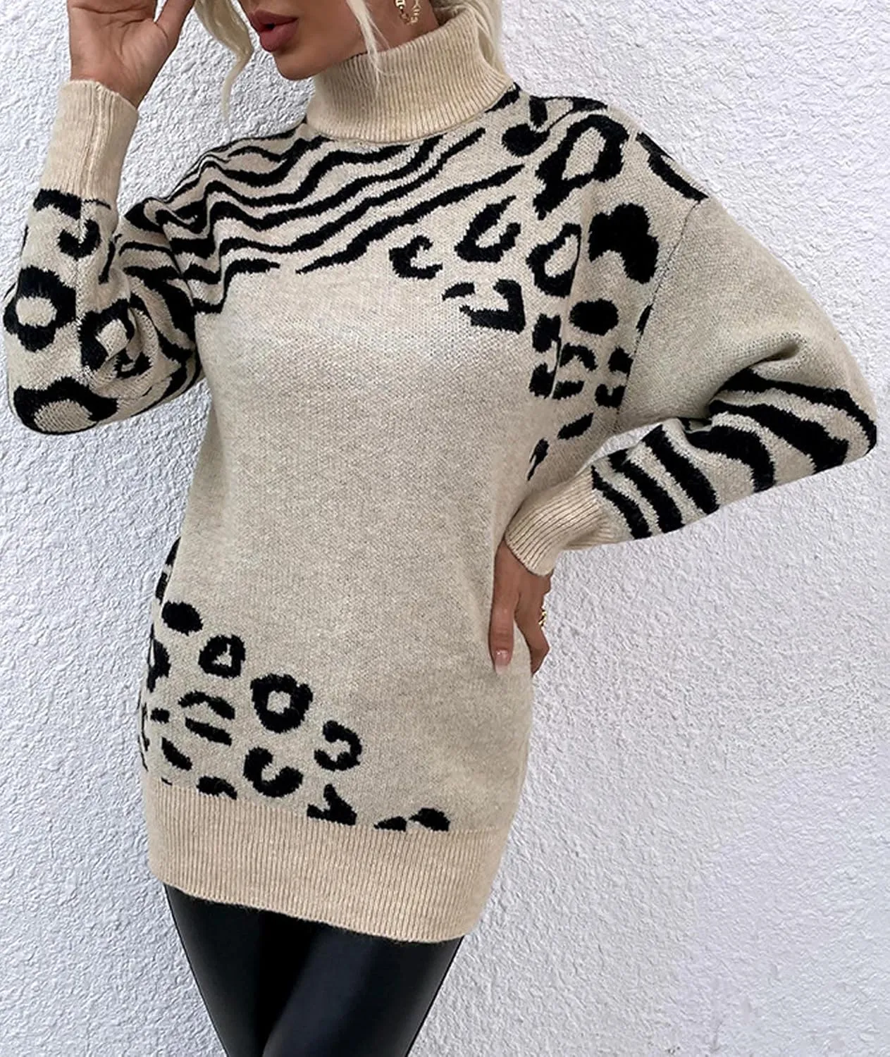 SOMTHRON Women's Turtleneck Leopard Print Sweater Oversized Chunky Knitted Jumper Pullover Tops Casual Sweatshirts