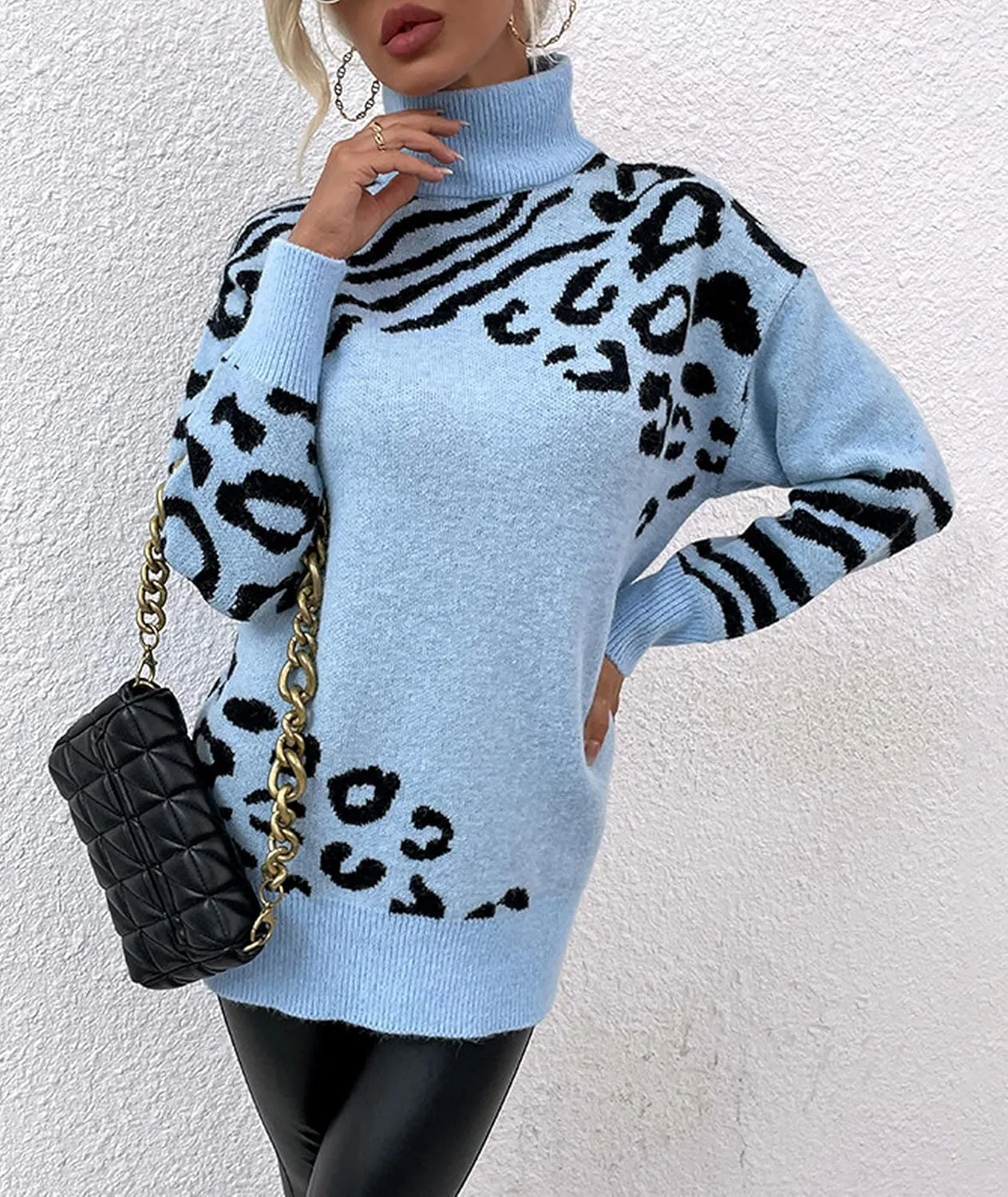 SOMTHRON Women's Turtleneck Leopard Print Sweater Oversized Chunky Knitted Jumper Pullover Tops Casual Sweatshirts