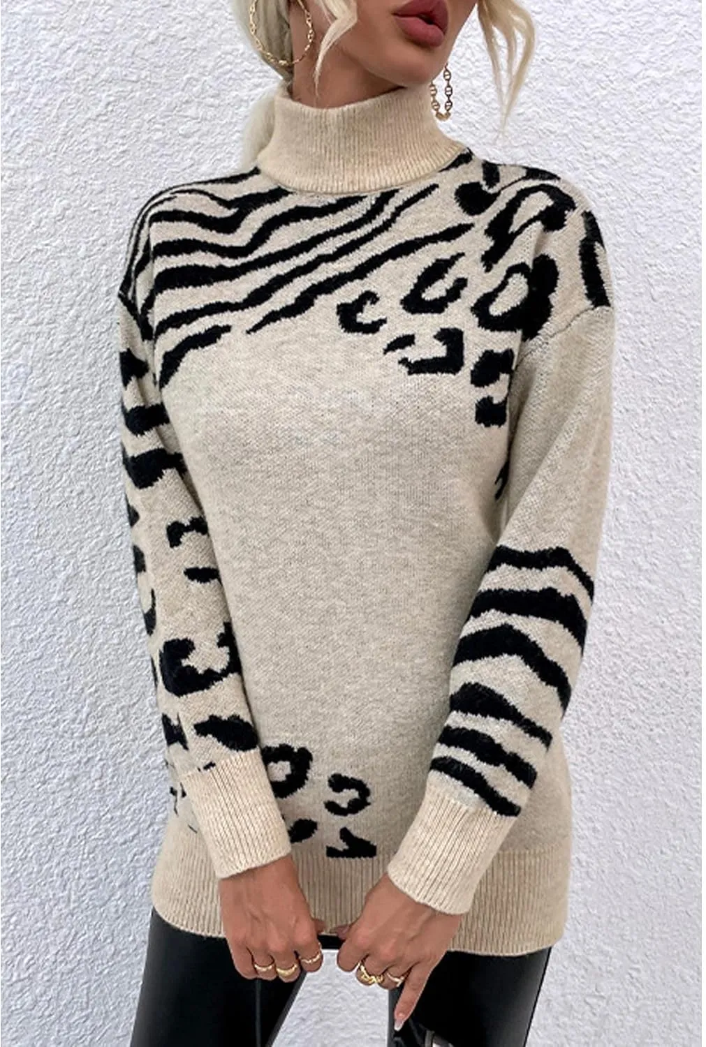 SOMTHRON Women's Turtleneck Leopard Print Sweater Oversized Chunky Knitted Jumper Pullover Tops Casual Sweatshirts