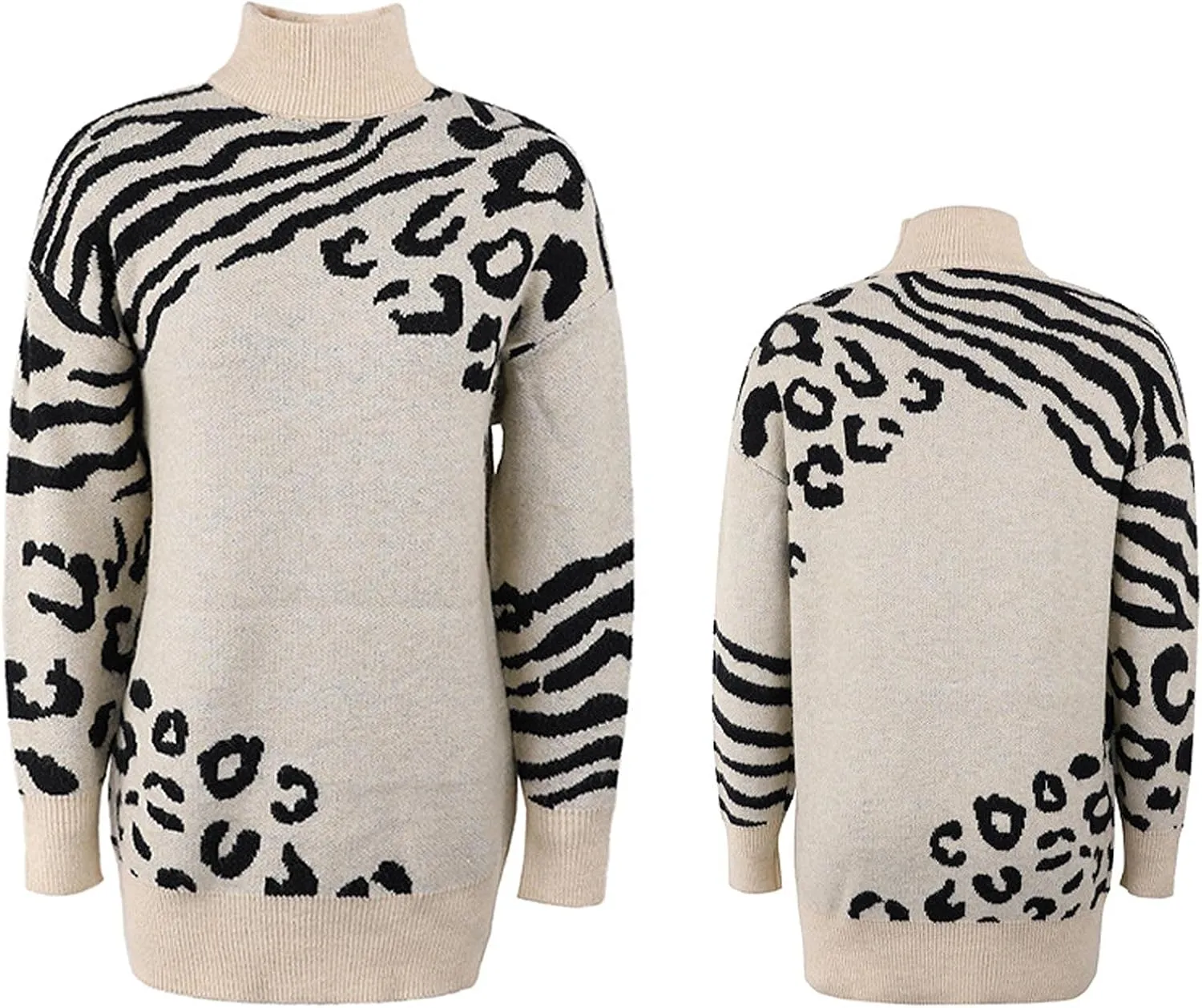 SOMTHRON Women's Turtleneck Leopard Print Sweater Oversized Chunky Knitted Jumper Pullover Tops Casual Sweatshirts
