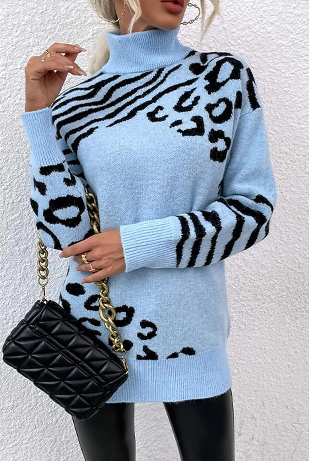 SOMTHRON Women's Turtleneck Leopard Print Sweater Oversized Chunky Knitted Jumper Pullover Tops Casual Sweatshirts