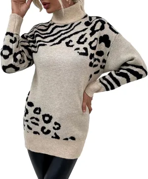 SOMTHRON Women's Turtleneck Leopard Print Sweater Oversized Chunky Knitted Jumper Pullover Tops Casual Sweatshirts