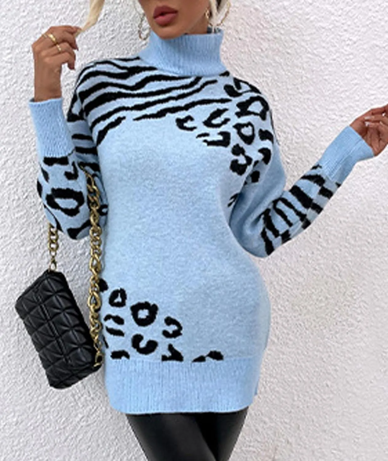 SOMTHRON Women's Turtleneck Leopard Print Sweater Oversized Chunky Knitted Jumper Pullover Tops Casual Sweatshirts