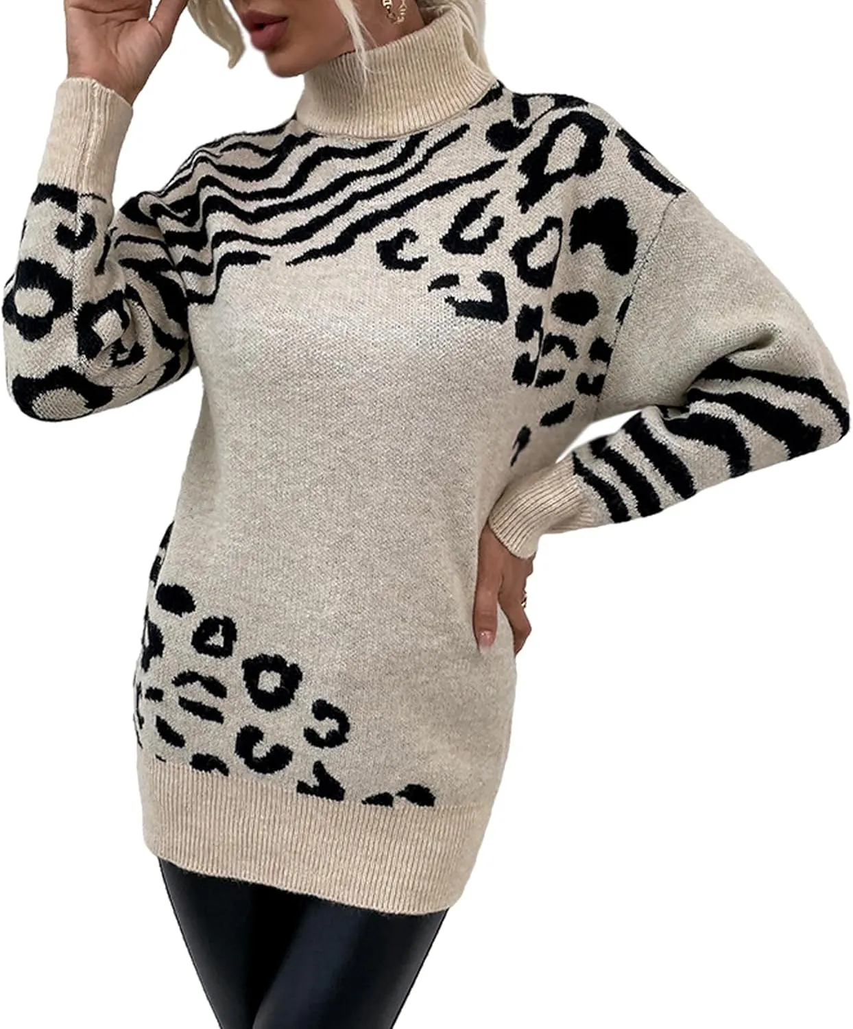 SOMTHRON Women's Turtleneck Leopard Print Sweater Oversized Chunky Knitted Jumper Pullover Tops Casual Sweatshirts